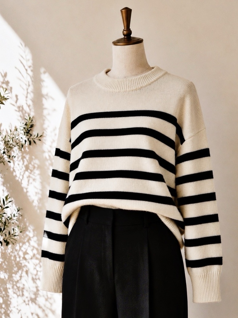a new day Cream and Black Striped Crewneck Sweater M